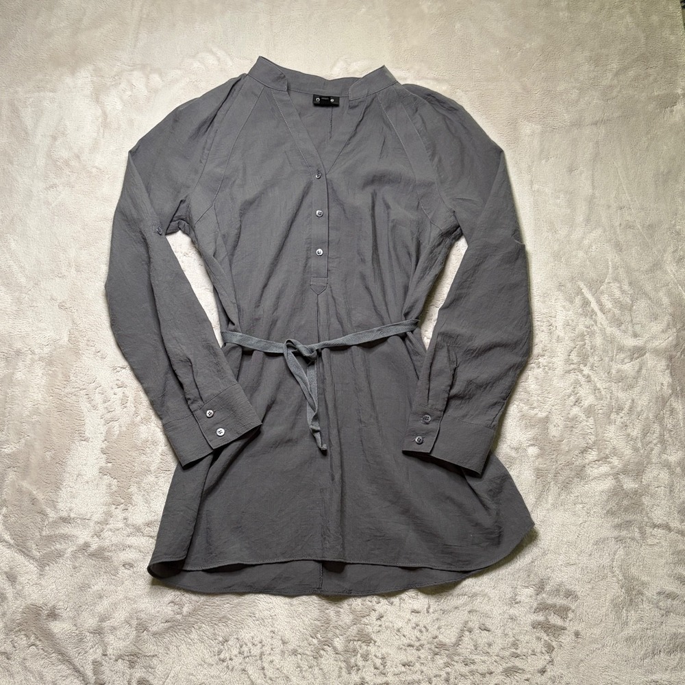 Nicole Miller Mini Shirt Dress S Gray Roll Tab Sleeve Tie Waist Beach Coastal